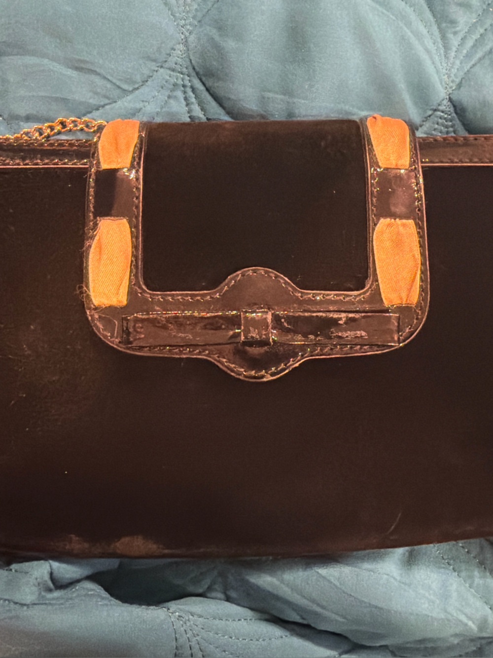 Emporio Armani Black Velvet Patent Leather Evening Clutch Gold Chain Bag